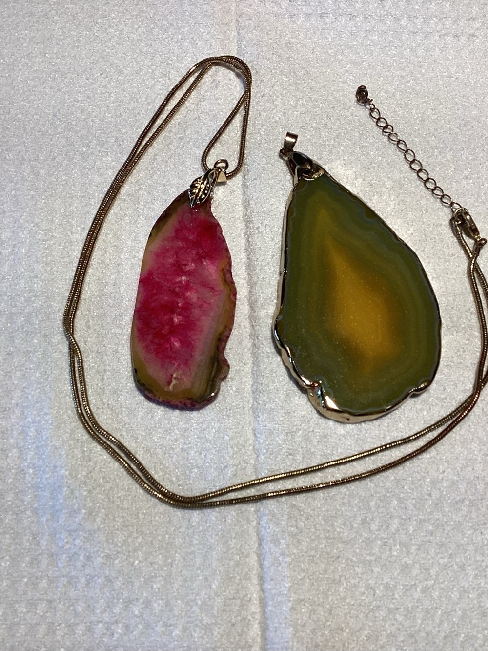Sunset Pink and Golden Olive Agate Slice Pendant Necklaces